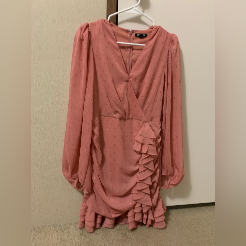 Express Metallic Faux Wrap Ruffle Mini Dress
